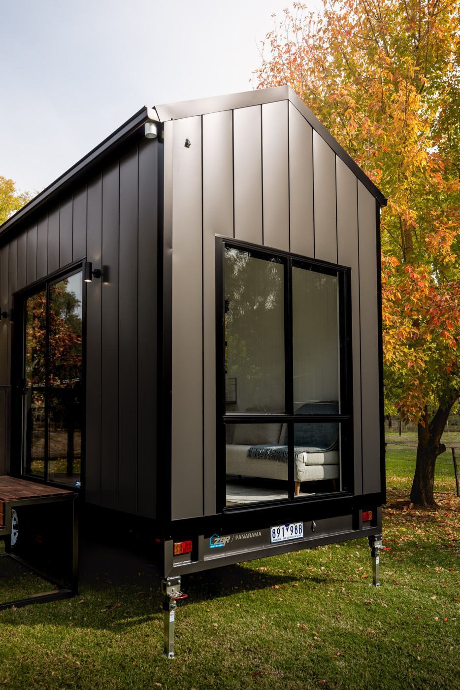 Low angle exterior view of the Panarama tiny home's gable end