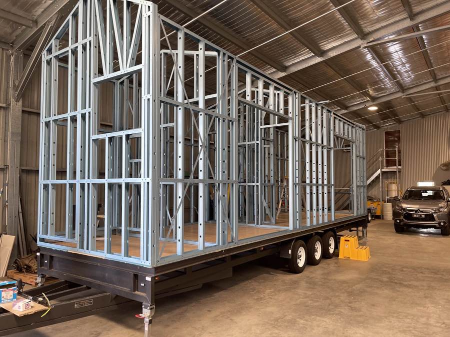 Steel frame of a ZBR tiny home under construction in the workshop
